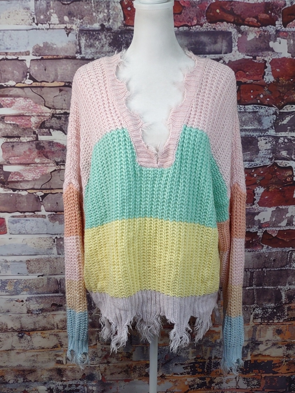 Miracle  Multi Color Pastel Stripe Distressed V-Neck Sweater